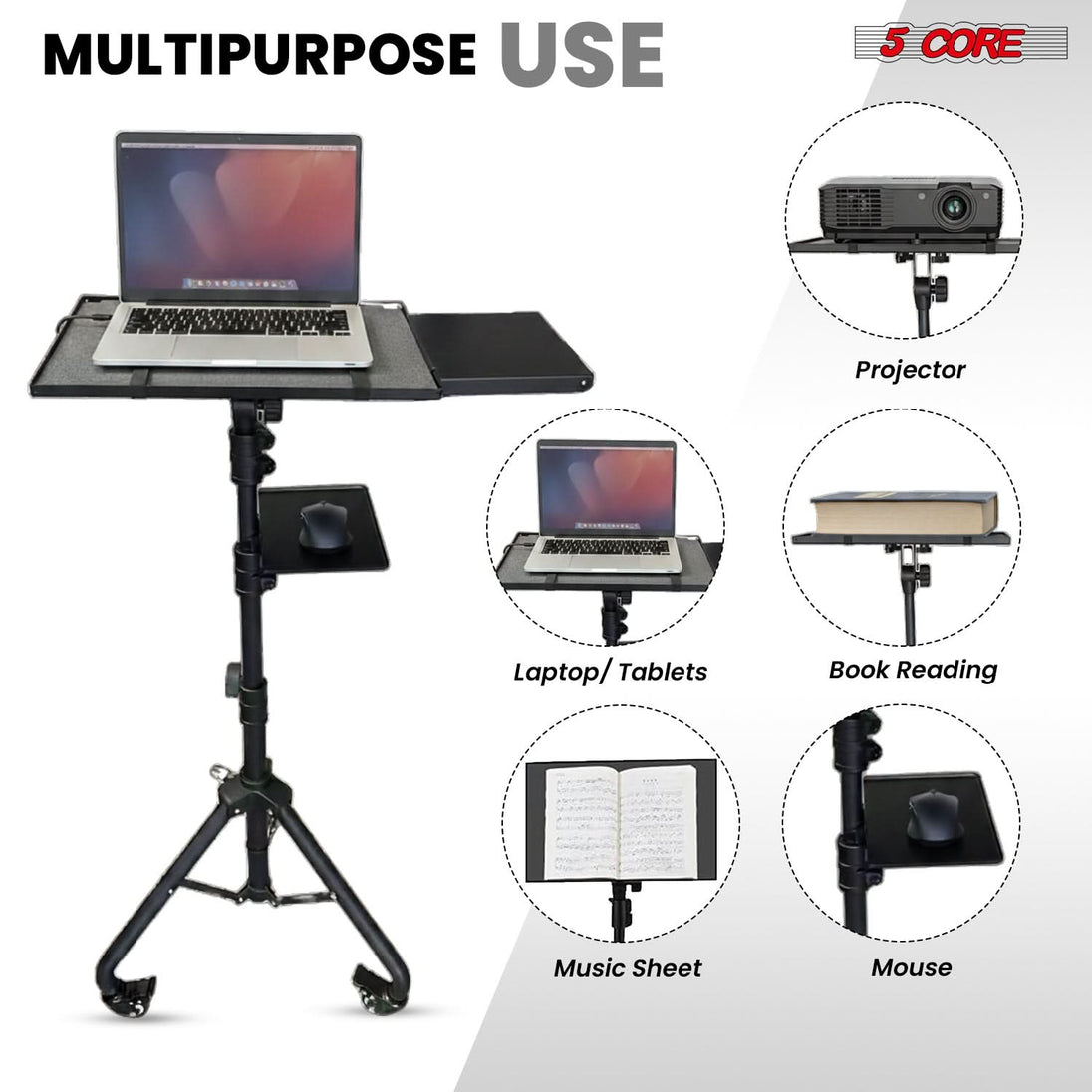 Projector Stand 29.5 to 71 Inch Adjustable Tripod 2 Shelves Portable Laptop Cart w Phone Holder