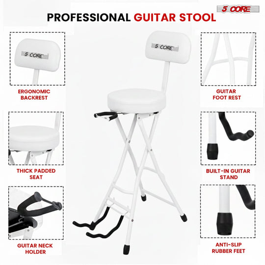 5Core Guitar Stool 3.15" Padded Chair w Backrest Foldable Music Seat Built in Foot Rest Guitar Stand