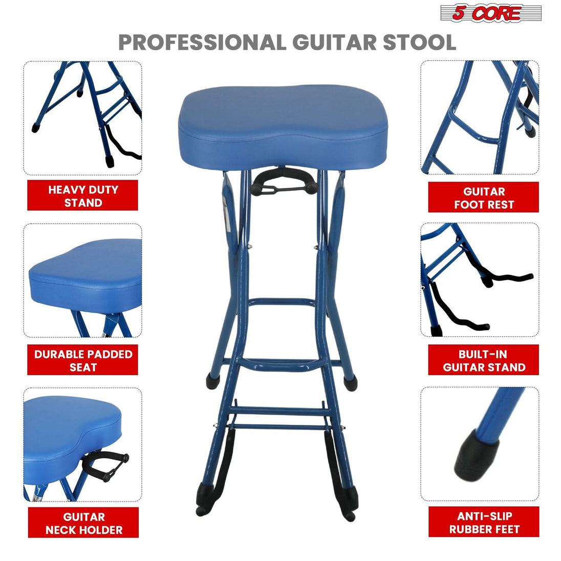 5Core Guitar Stool 3.15" Padded Chair Foldable Heavy Duty Music Seat Built in Foot Rest Guitar Stand