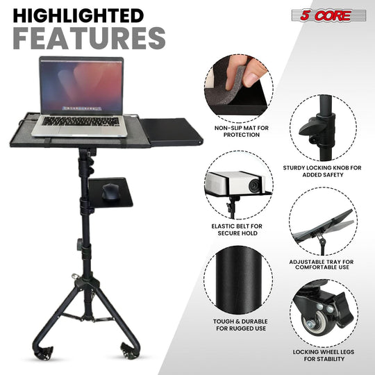 Projector Stand 29.5 to 71 Inch Adjustable Tripod 2 Shelves Portable Laptop Cart w Phone Holder