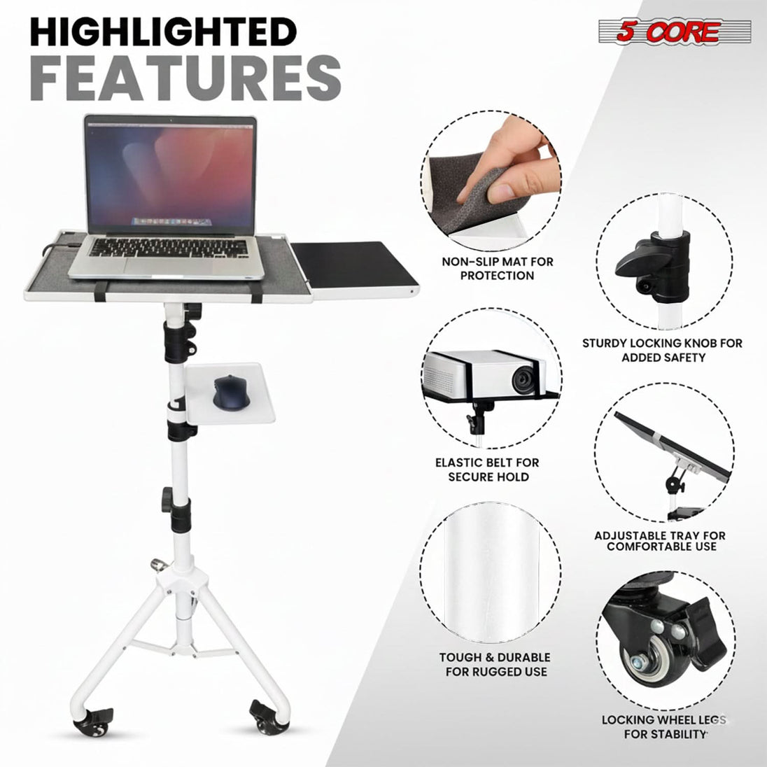 Projector Stand 29.5 to 71 Inch Adjustable Tripod 2 Shelves Portable Laptop Cart w Phone Holder