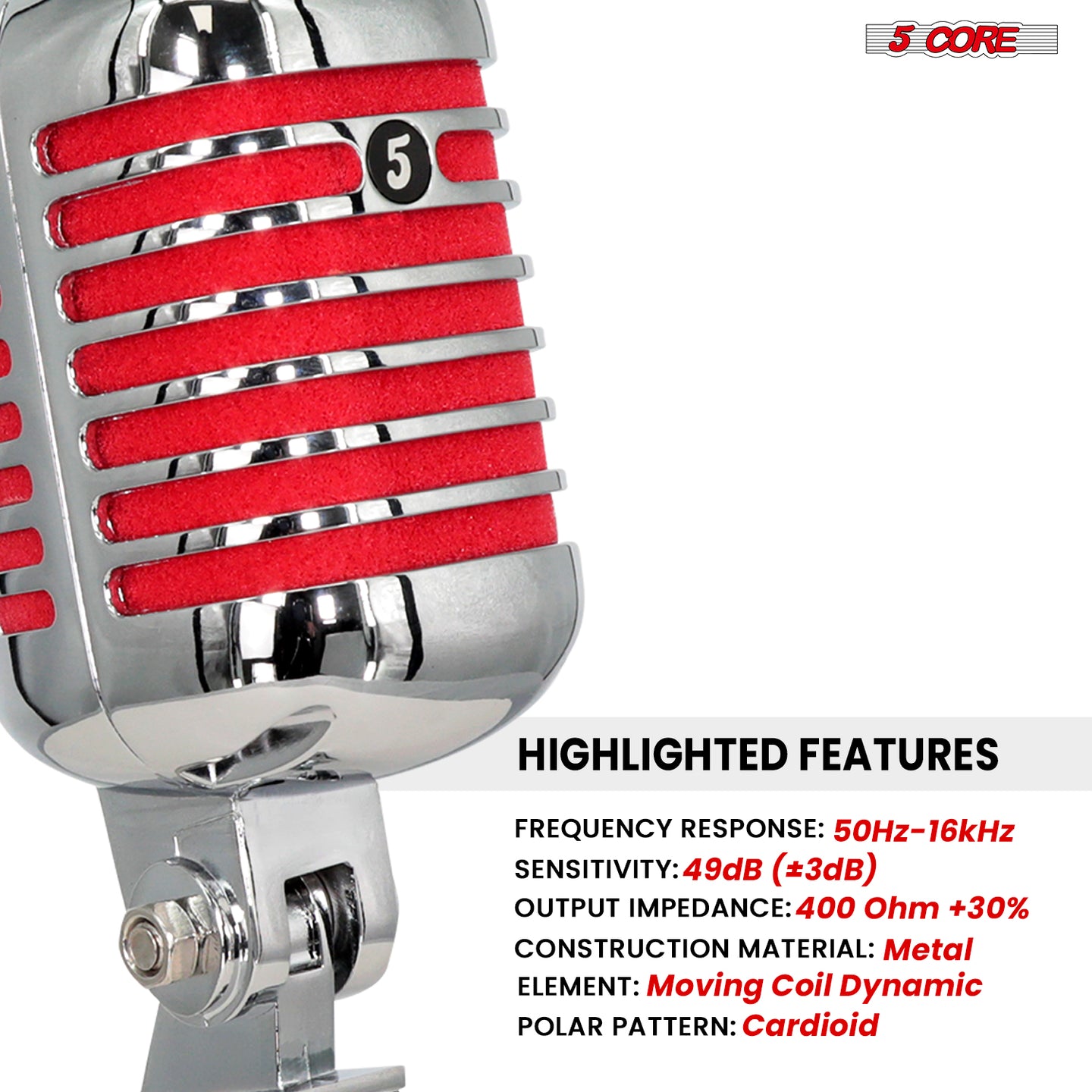 5Core retro microphone in red ideal for vocalists and streamers