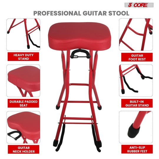 5Core Guitar Stool 3.15" Padded Chair Foldable Heavy Duty Music Seat Built in Foot Rest Guitar Stand