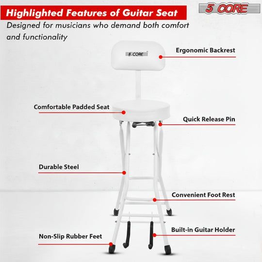 5Core Guitar Stool 3.15" Padded Chair w Backrest Foldable Music Seat Built in Foot Rest Guitar Stand
