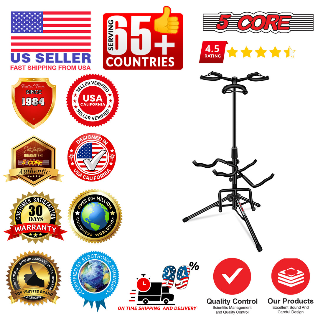 5 Core Guitar Stand Adjustable Triple Guitars Stands Floor w Neck Holder for Acoustic Electric Bass