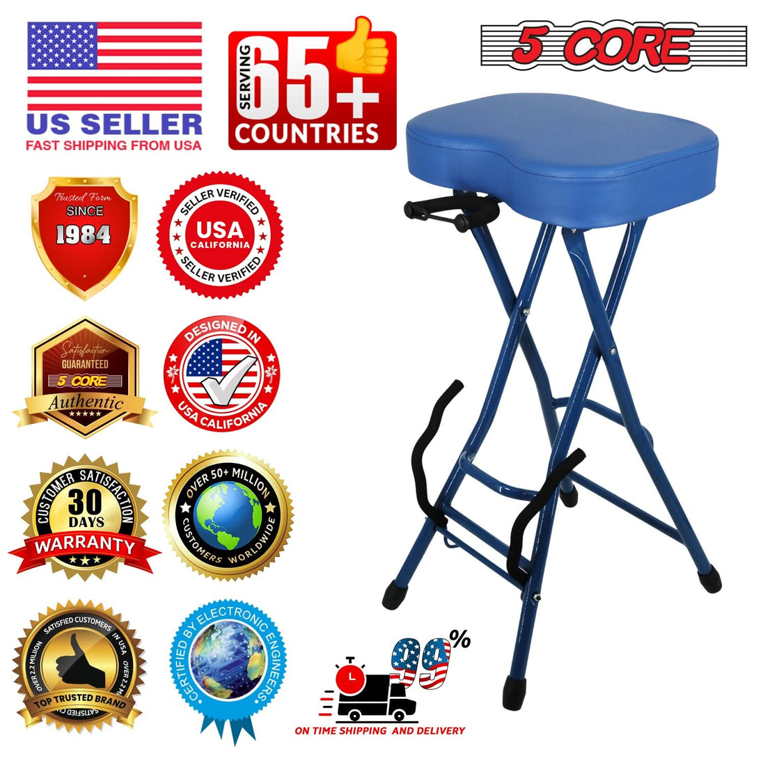 5Core Guitar Stool 3.15" Padded Chair Foldable Heavy Duty Music Seat Built in Foot Rest Guitar Stand