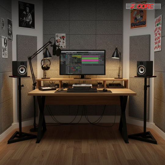5 Core Speaker Stand 2Pc Heavy Duty Adjustable Telescoping Height 59.5" Triangle Base 100Lb Capacity