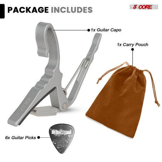 5 Core Guitar Capo Pair Quick Change Acoustic Electric String Clip Banjo Mandolin Or Ukulele Silver
