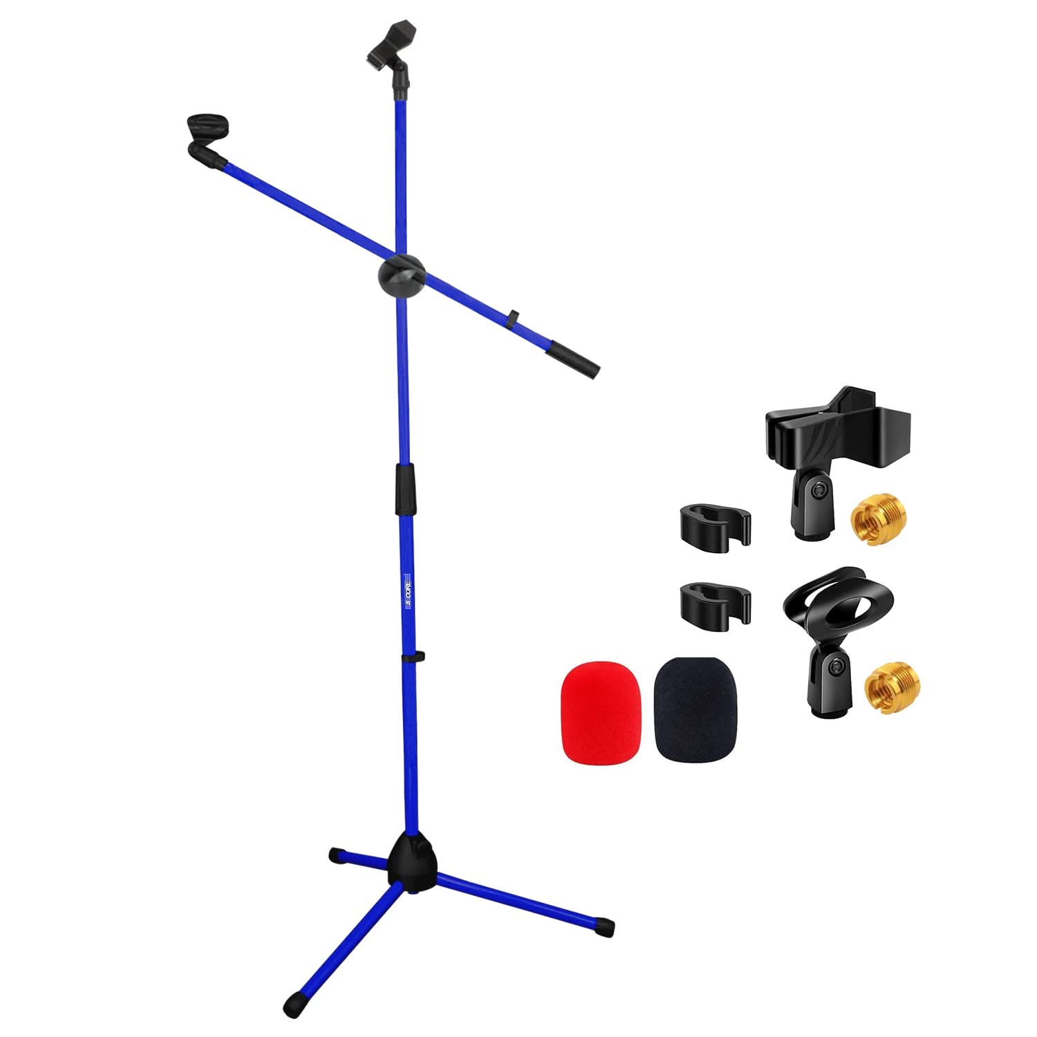 Blue microphone stand with accessories