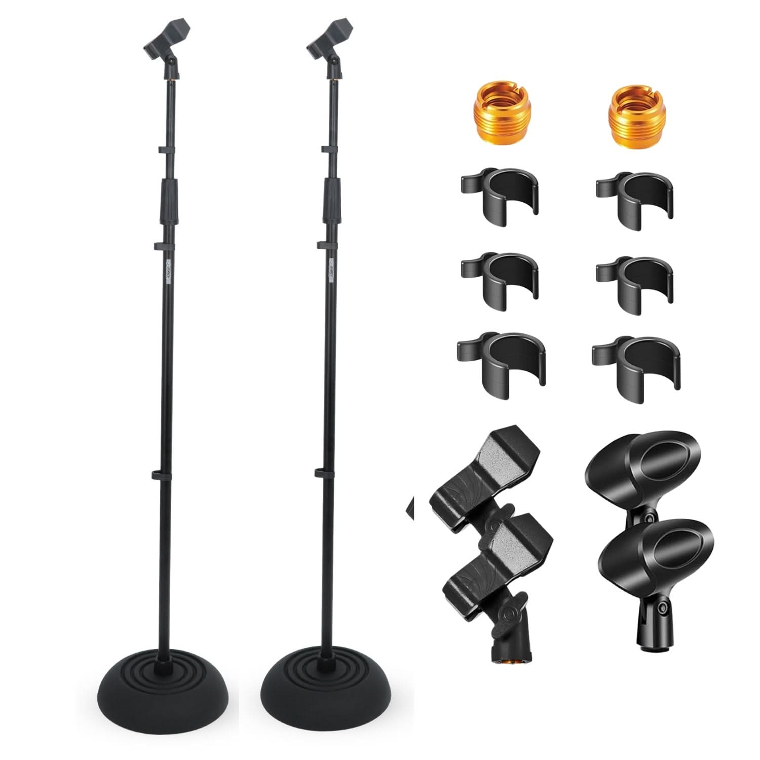 Two black microphone stands with additional attachments 