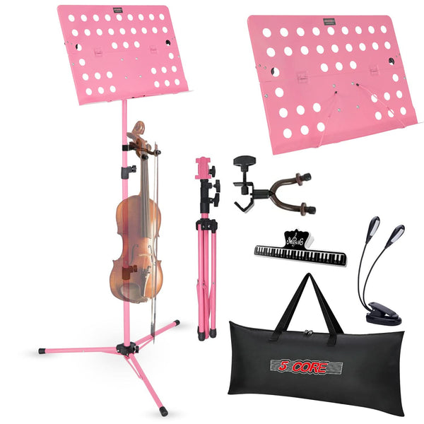 5Core portable pink music stand for sheet music, adjustable and folding tripod note holder