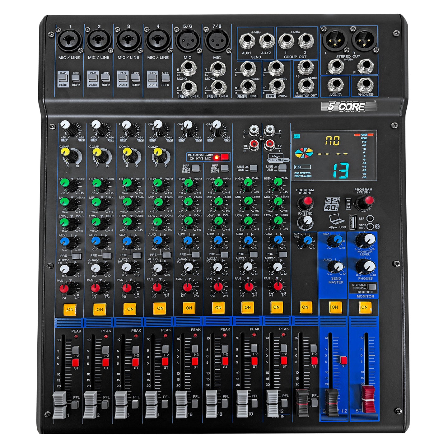 5Core Audio DJ Mixer 12 Channel Sound Board Console w 99 DSP Effect 48V Phantom Power