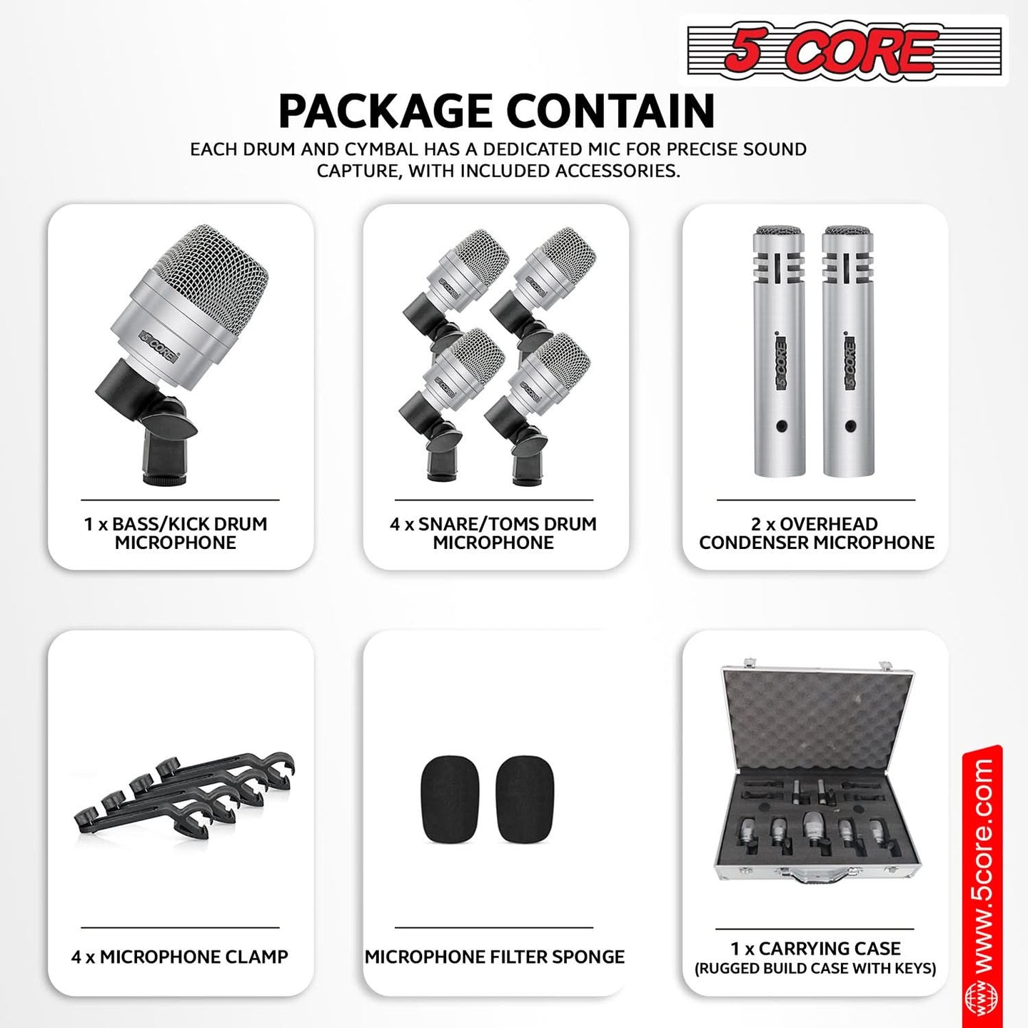 Drum mic set package contains essential microphones for studio and live performances.