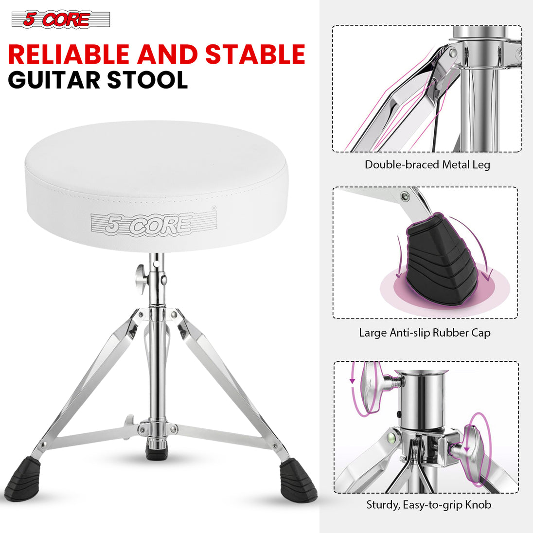 Versatile drum stool designed for stability, featuring a padded seat and adjustable height settings.