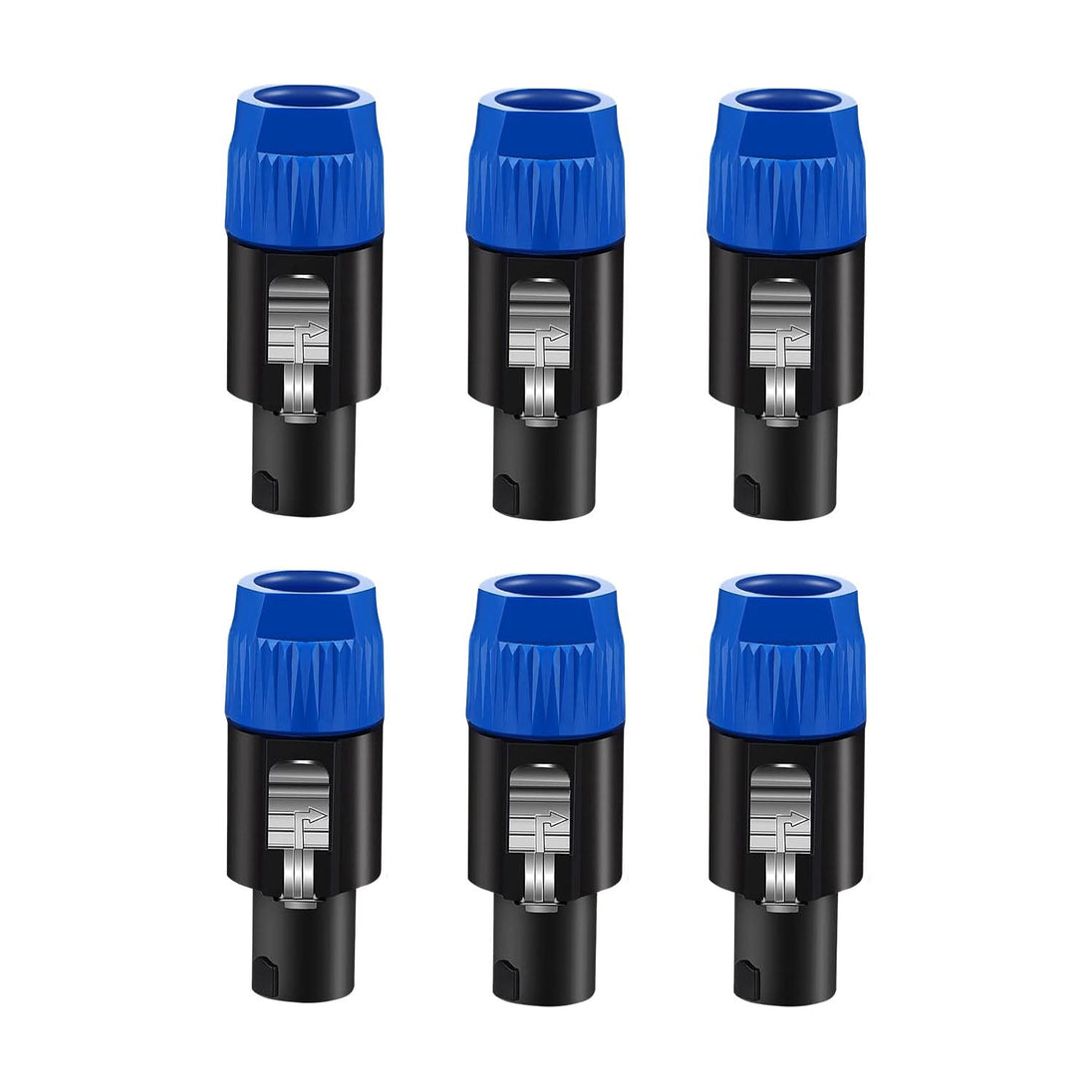 Six black connectors with blue ends