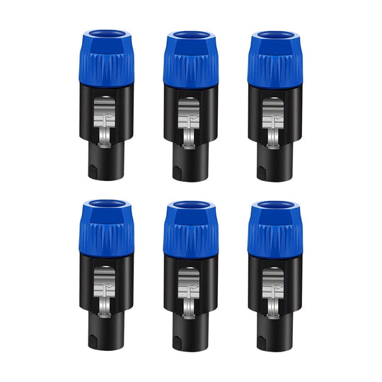 Six black connectors with blue ends