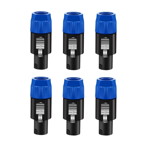 Six black connectors with blue ends