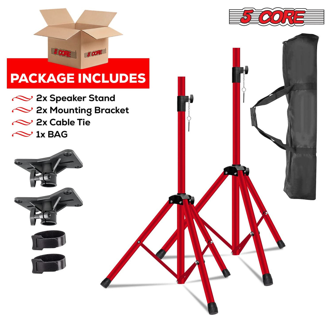 5 Core Speaker Stand Pair Adjustable PA DJ Tripod Stands Heavy Duty w 35mm Insert 132 Lbs Capacity