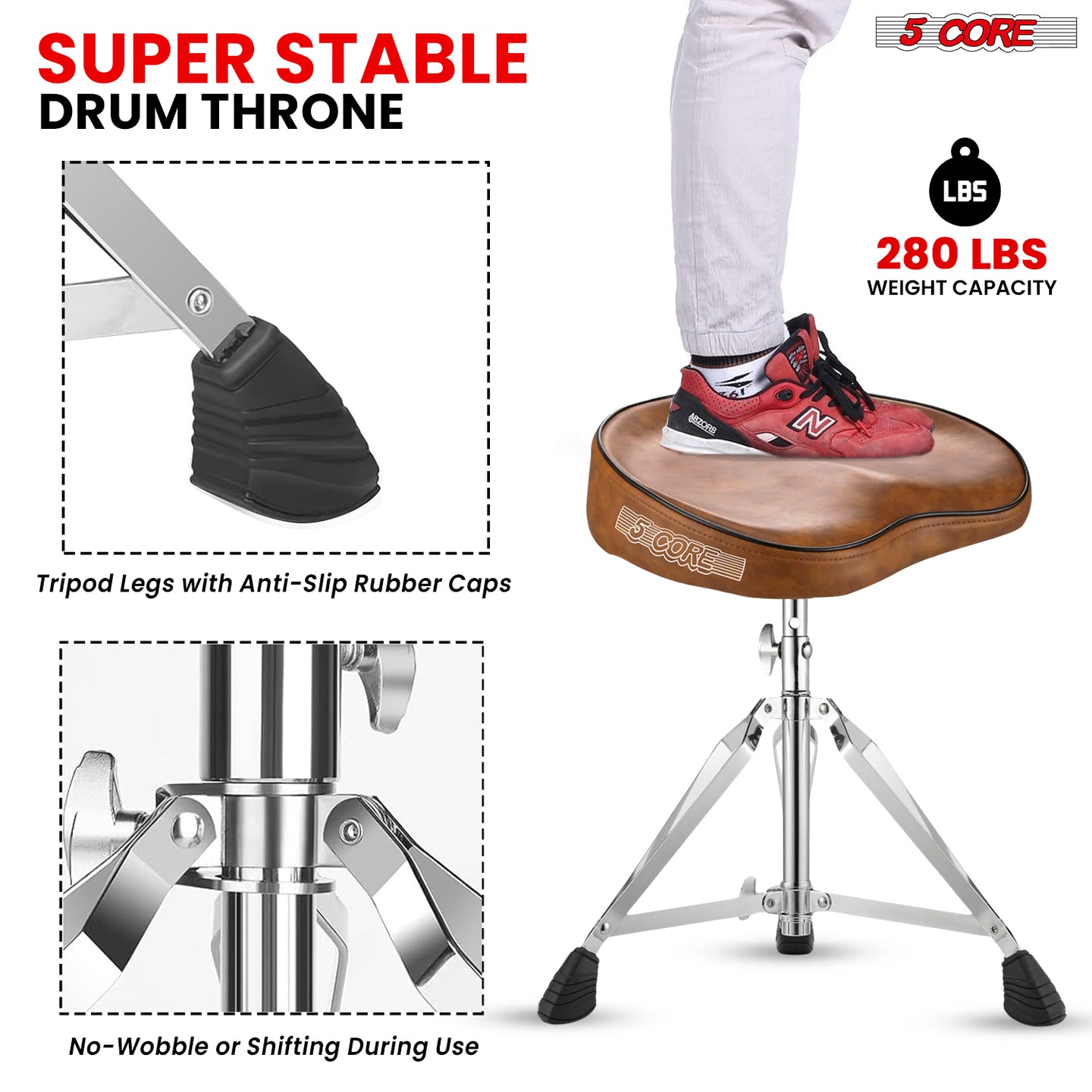 Super strong drum stool with a stable base and cushioned drum seat, perfect for long playing sessions.