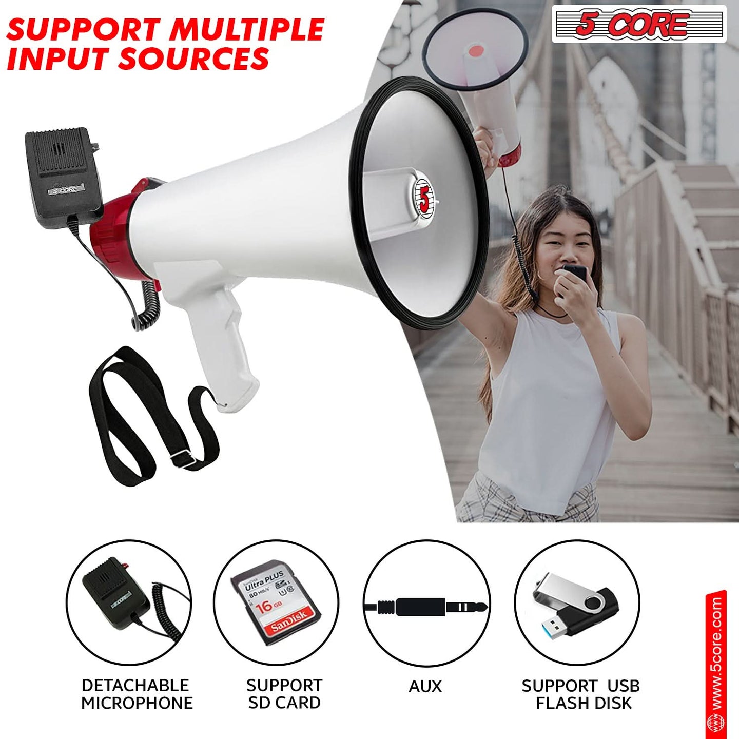 Feature-packed bullhorn with built-in mic, music button, siren, volume control, and power indicator.