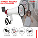 Feature-packed bullhorn with built-in mic, music button, siren, volume control, and power indicator.