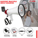 Feature-packed bullhorn with built-in mic, music button, siren, volume control, and power indicator.