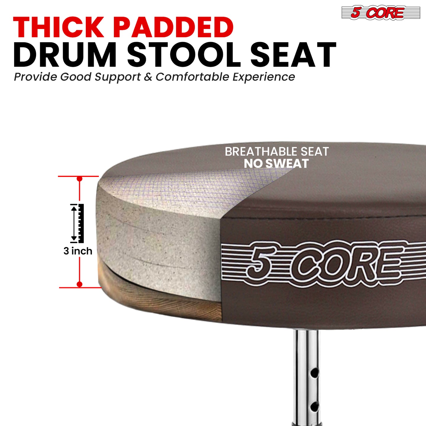 Comfortable drum chair featuring a thick cushioned seat, strong base, and adjustable height for extended sessions.