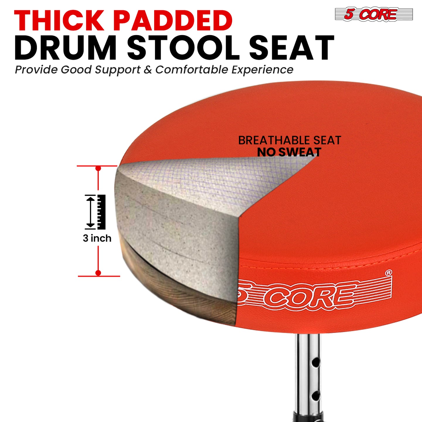 Adjustable drum chair with a thick cushioned seat, sturdy frame, and secure locking mechanism for stability.