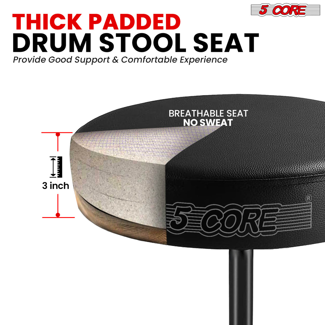Thick padded drum seat designed for comfort and support, making it a perfect drum stool for drummers of all levels.