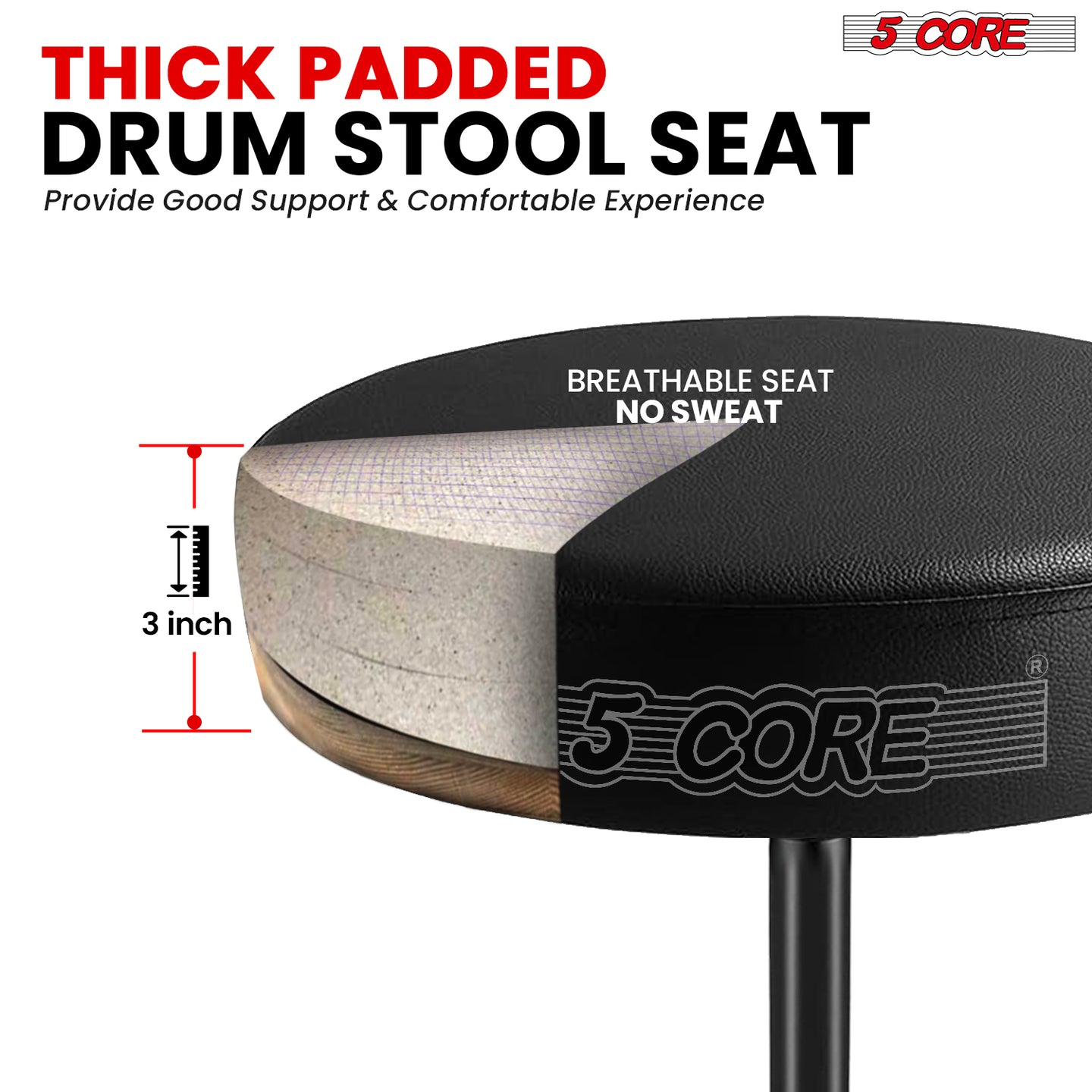Thick padded drum seat designed for comfort and support, making it a perfect drum stool for drummers of all levels.