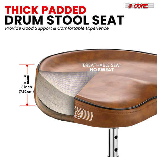 Thick padded drum throne with ergonomic design, no sweat surface, and sturdy base for comfortable drumming.