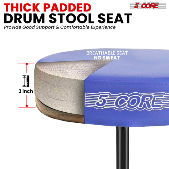 Thick padded drum throne with adjustable height, offering comfort, durability, and stability for drummers.
