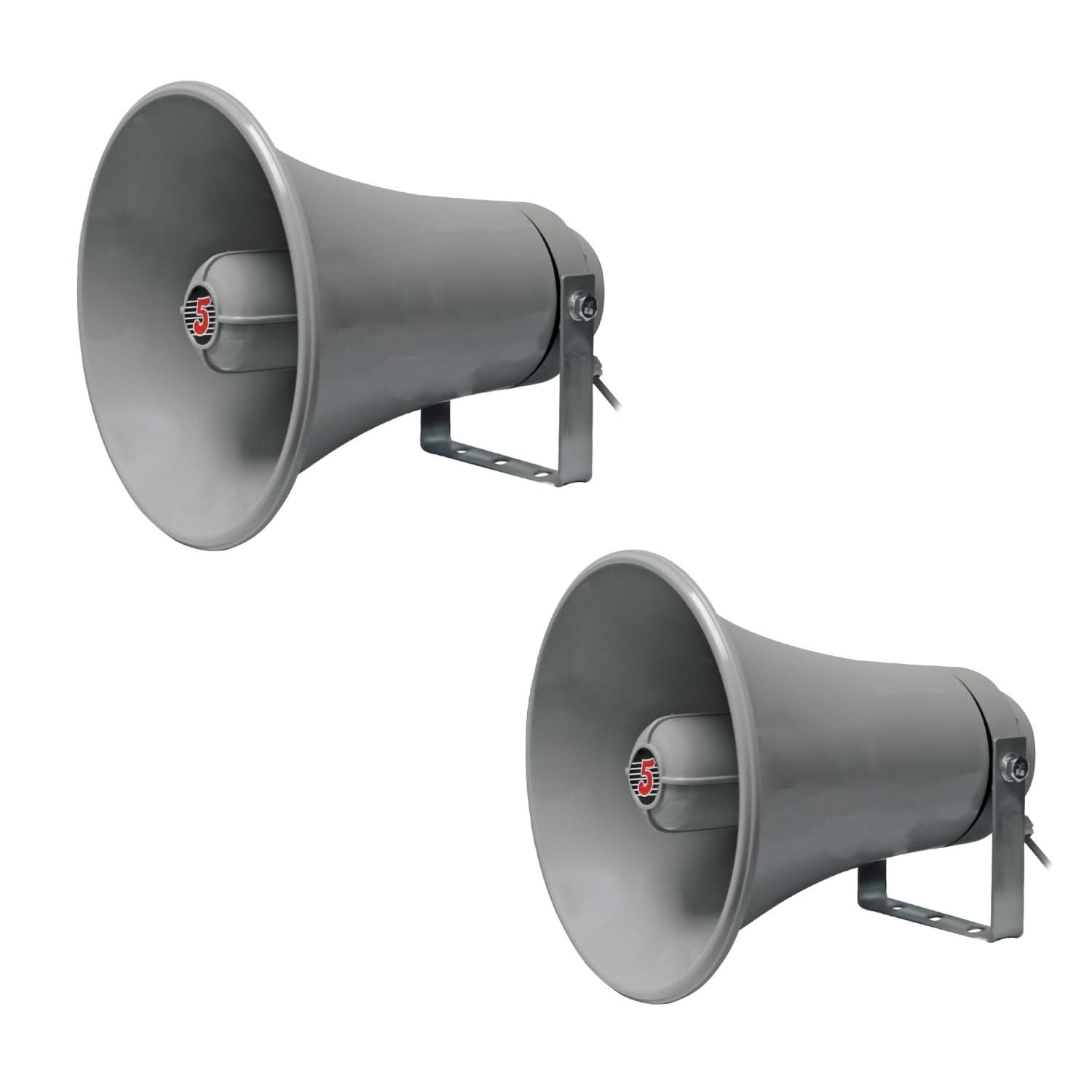 Two gray megaphones 