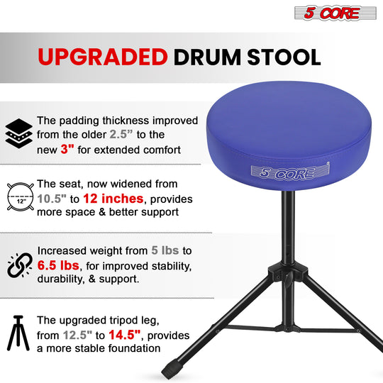 Upgraded drum throne with enhanced comfort, stability, and adjustable height for drummers.