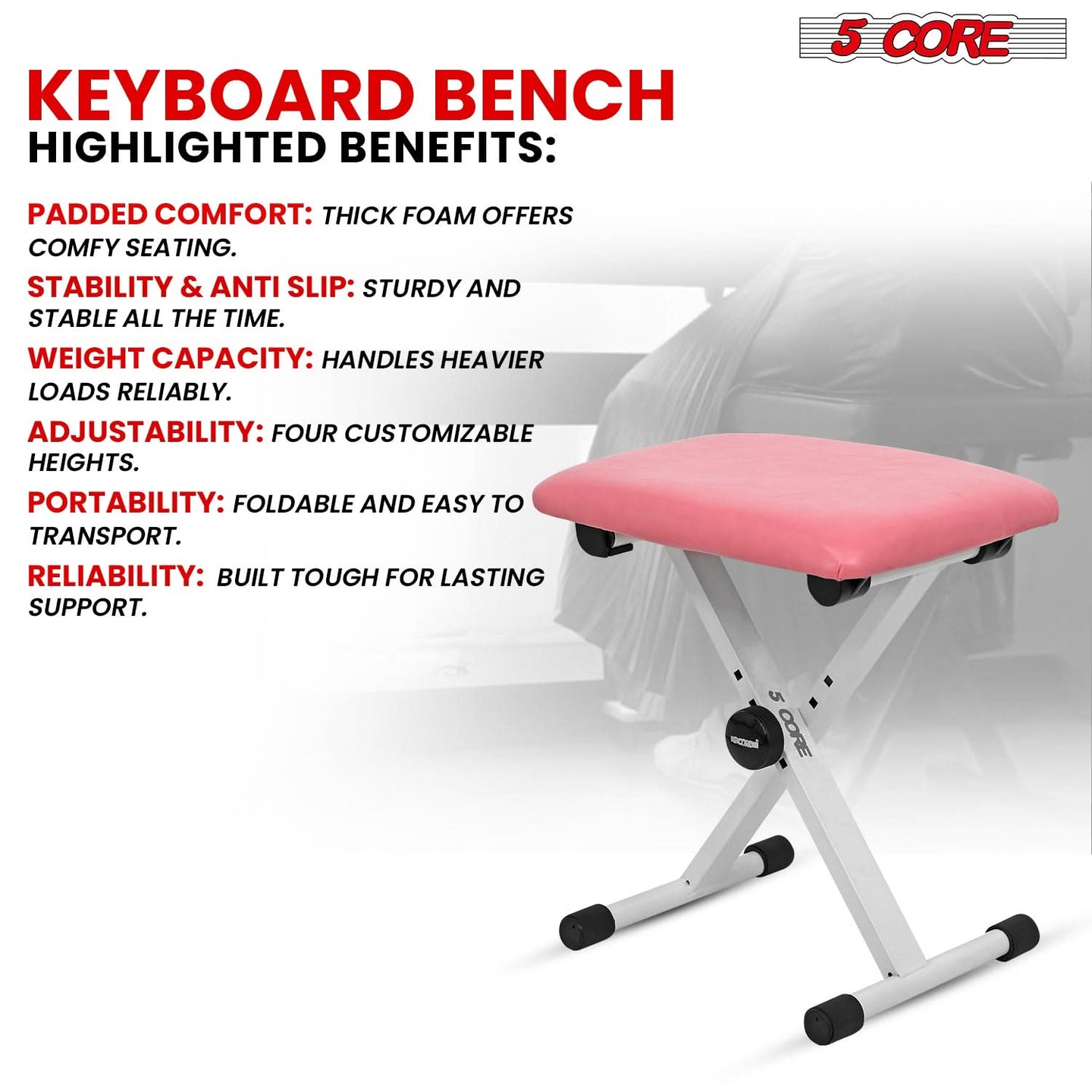 Keyboard bench for musicians offering comfort, stability, and adjustable height