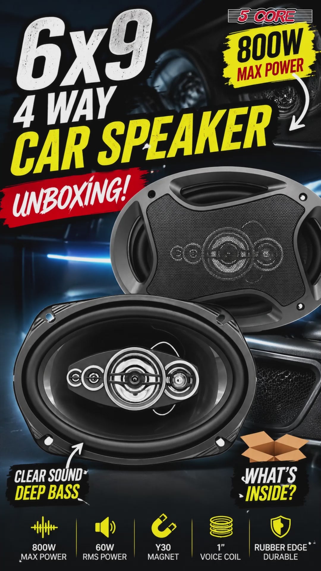 6x9 Car Speaker 800W 4Ohm 4 Way Coaxial Replacement Woofer - 5 Core